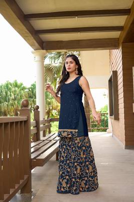 Blue resham embroidery cotton silk straight cut  kurta & sharara set 3