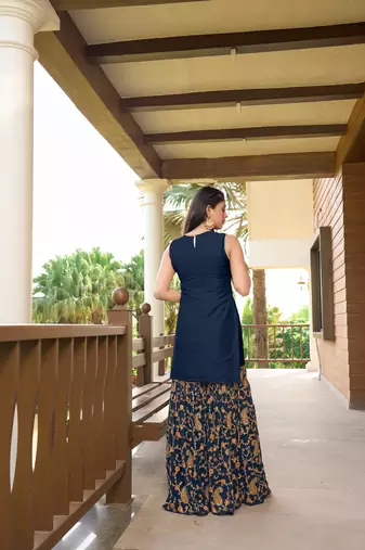Blue resham embroidery cotton silk straight cut  kurta &