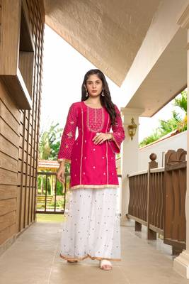 Pink resham embroidery cotton silk straight cut  kurta & sharara set 1