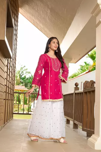 Pink resham embroidery cotton silk straight cut  kurta & sharara set