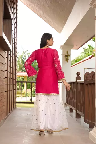 Pink resham embroidery cotton silk straight cut  kurta &