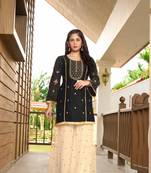 Black resham embroidery cotton silk straight cut  kurta & sharara set