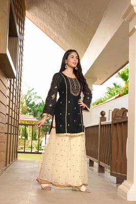 Black resham embroidery cotton silk straight cut  kurta & 3