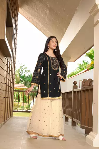 Black resham embroidery cotton silk straight cut  kurta & sharara set
