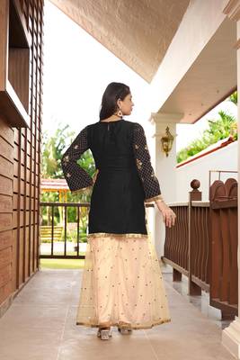 Black resham embroidery cotton silk straight cut  kurta & sharara set 4