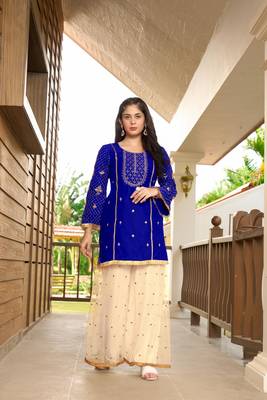 Blue resham embroidery cotton silk straight cut  kurta & 1