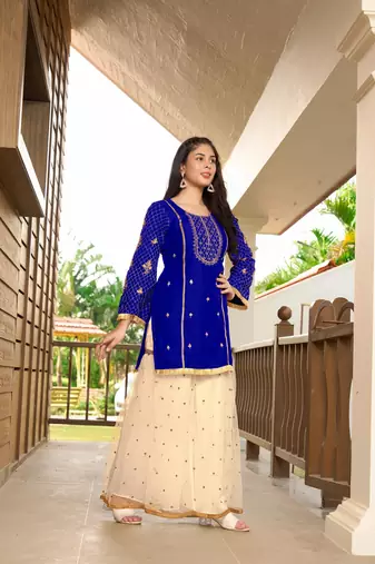 Blue resham embroidery cotton silk straight cut  kurta &