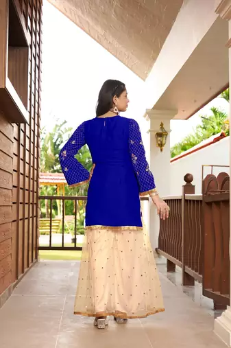 Blue resham embroidery cotton silk straight cut  kurta &