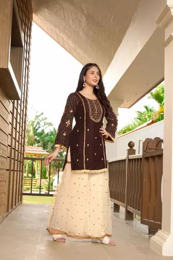 Brown resham embroidery cotton silk straight cut  kurta & sharara set