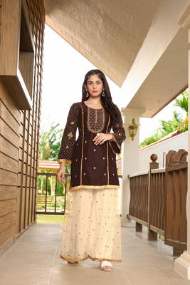 Brown resham embroidery cotton silk straight cut  kurta & 1