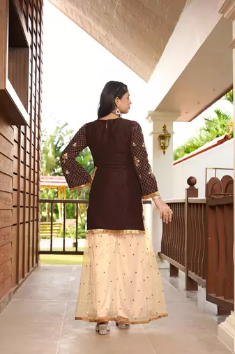 Brown resham embroidery cotton silk straight cut  kurta & sharara set