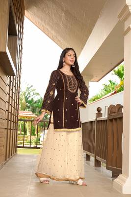 Brown resham embroidery cotton silk straight cut  kurta & 3