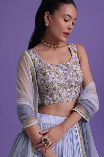 marvelous blue digital printed georgette lehenga set choli with dupatta