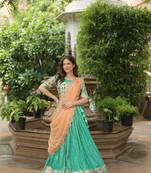PISTA JACQUARD LEHENGA CHOLI WITH WITH RUSSIAN SILK EMBROIDERED DUPATTA