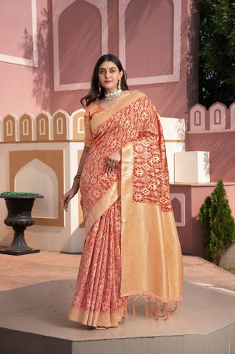 Peach cotton ikkat silk saree
