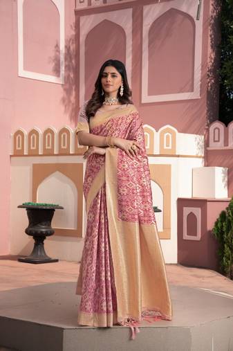 Graceful pink ikkat silk cotton saree
