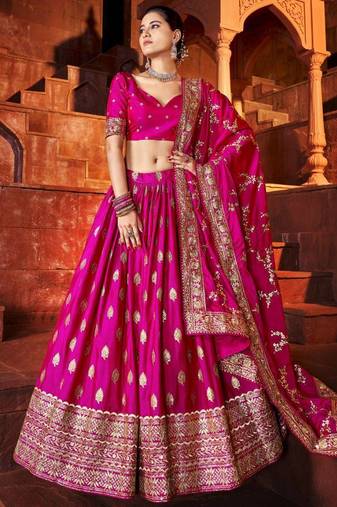 Fabulous Pink Sequins Zari Embroidered Art Silk Wedding Designer Lehenga Choli with Dupatta
