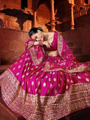 Fabulous Pink Sequins Zari Embroidered Art Silk Wedding Designer Lehenga Choli with Dupatta 3
