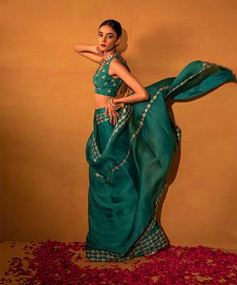 Teal green organza saree 1