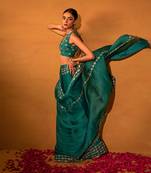 Teal green organza saree
