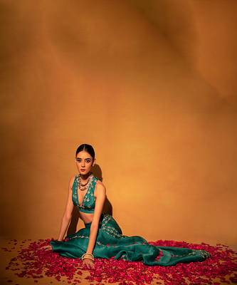 Teal green organza saree 2