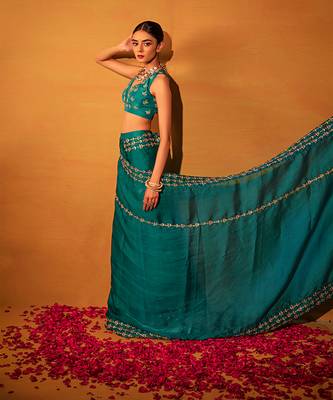Teal green organza saree 3