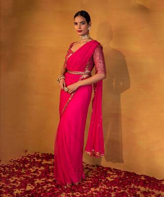 Hot pink net saree with belt 1