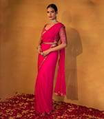 Hot pink net saree with belt