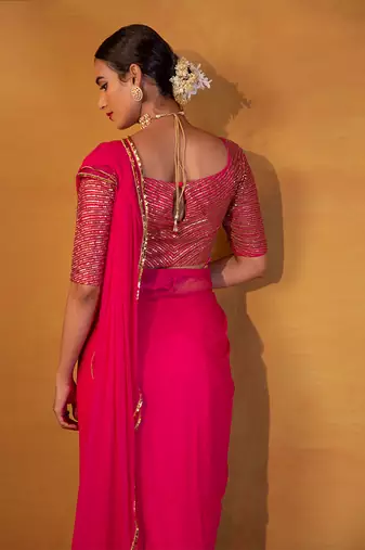 Hot pink net saree with belt