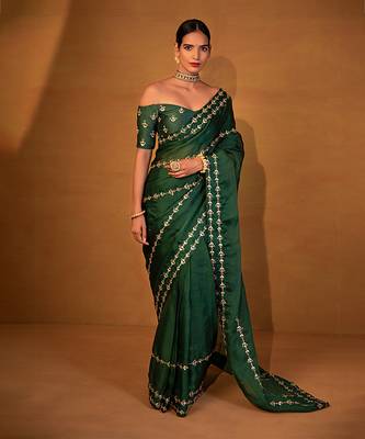 Dark green organza saree 1