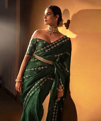 Dark green organza saree 2