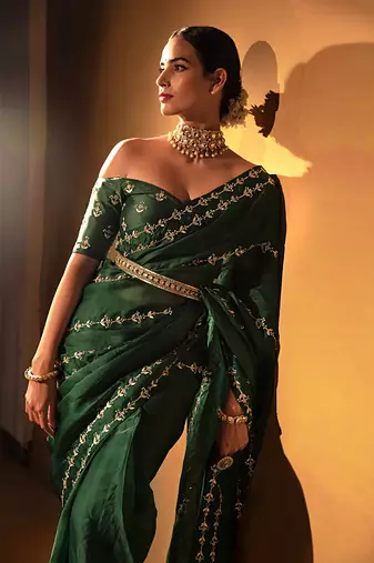 Dark green organza saree
