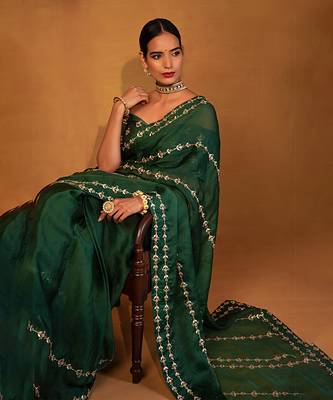 Dark green organza saree 3