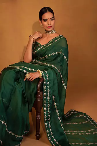 Dark green organza saree