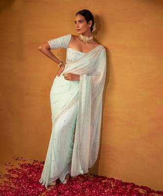 Aqua blue georgette saree 3