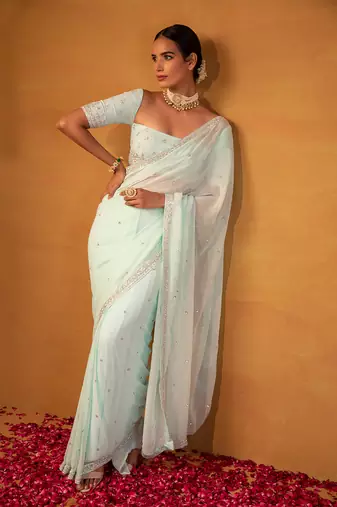 Aqua blue georgette saree