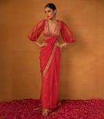 Red net saree set