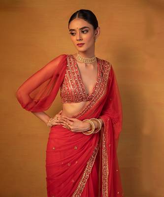 Red net saree set 2