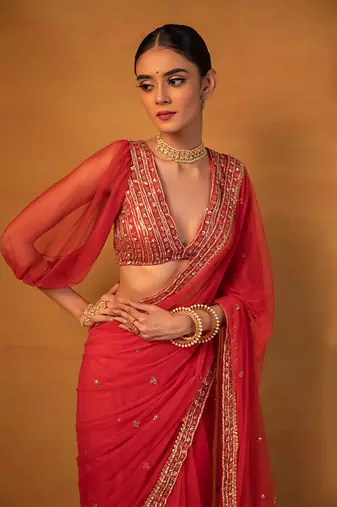 Red net saree set