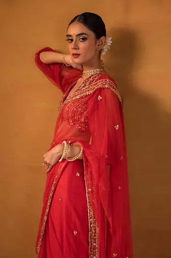 Red net saree set