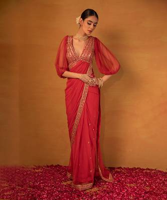 Red net saree set 4