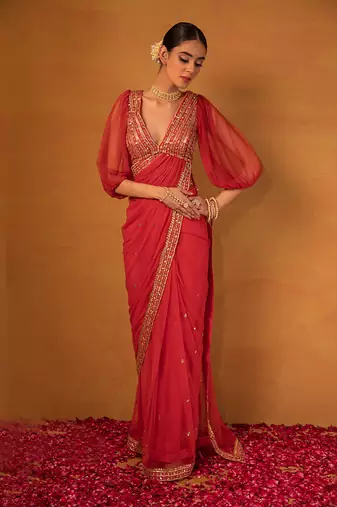 Red net saree set