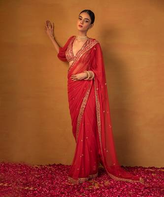 Red net saree set 5