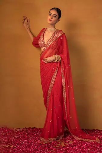 Red net saree set