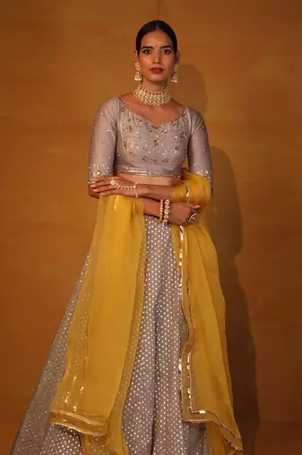 Medium Grey Embellished Lehenga Set.
