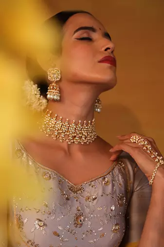 Medium Grey Embellished Lehenga Set.