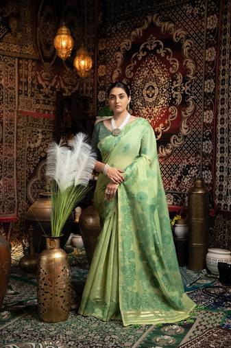 Green soft cotton jamdani saree with matching blouse