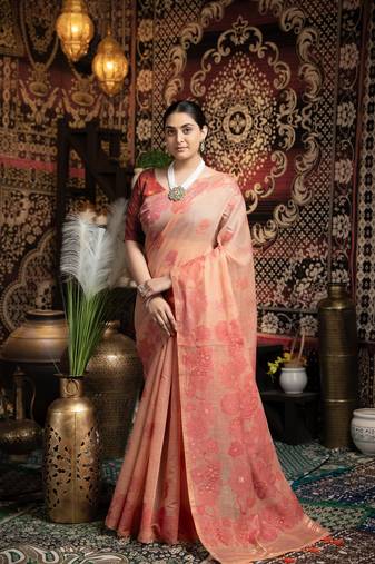 Peach soft cotton jamdani saree with cotton blouse