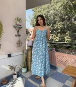 Light blue cotton block printed strappy dress