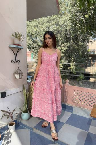 Pink cotton block printed strappy dress